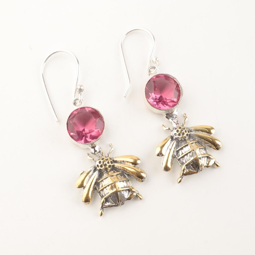 Natural Pink Tourmaline Gemstone 925 Sterling Silver Handmade Dangle Earrings 2" EE-154-19