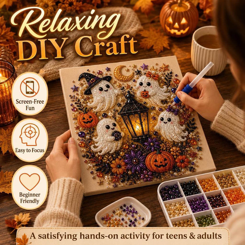 Halloween Ghost 3D Pearl Art DIY Kit - Spooky-Cute Mosaic Painting Canvas Craft Pumpkin Design with Sparkling Beads Halloween Home Decor Activity
