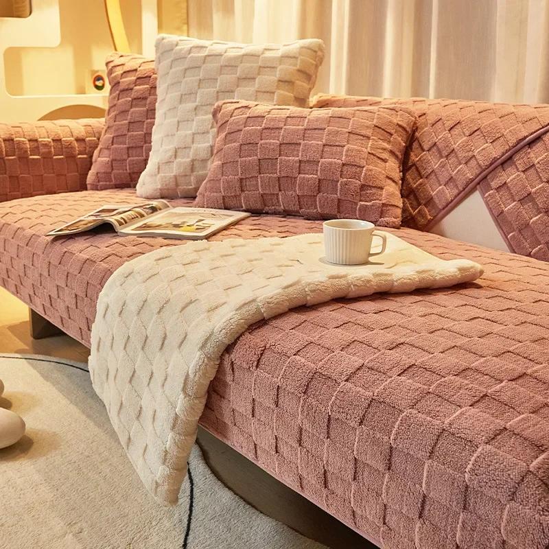 Plush Sofa Cushion Winter Nordic Non-Slip Cushion Backrest Cover Towel Modern Simple Winter Leather Sofa Cover Cover Cloth