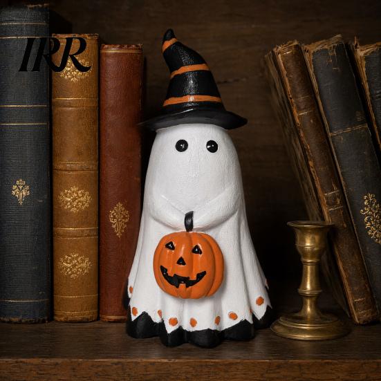 Outdoor Halloween Decoration Ghost Figurine, Cute Wearing Hat And Holding Holiday Vibes Decor Pumpkin Statue, Resin Ornament for Shelf Tabletop
