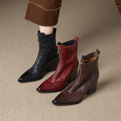 Moda Nuevo Otoño/invierno Cuero Genuino Botas de Mujer Zapatos de Punta para Mujer Botas de Moda Tacones Altos Botines Tacones Gruesos
