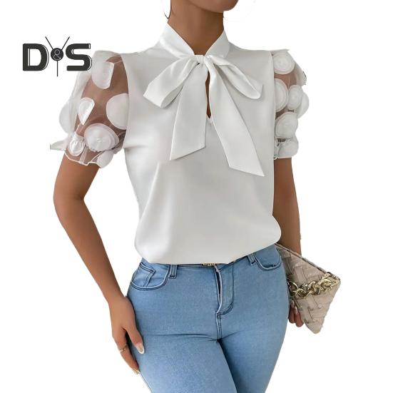 Damen-Shirt mit Schleifenausschnitt, Mesh-Jacquard, kurze Ärmel, Freizeithemd, einfarbige Bluse für den Alltag