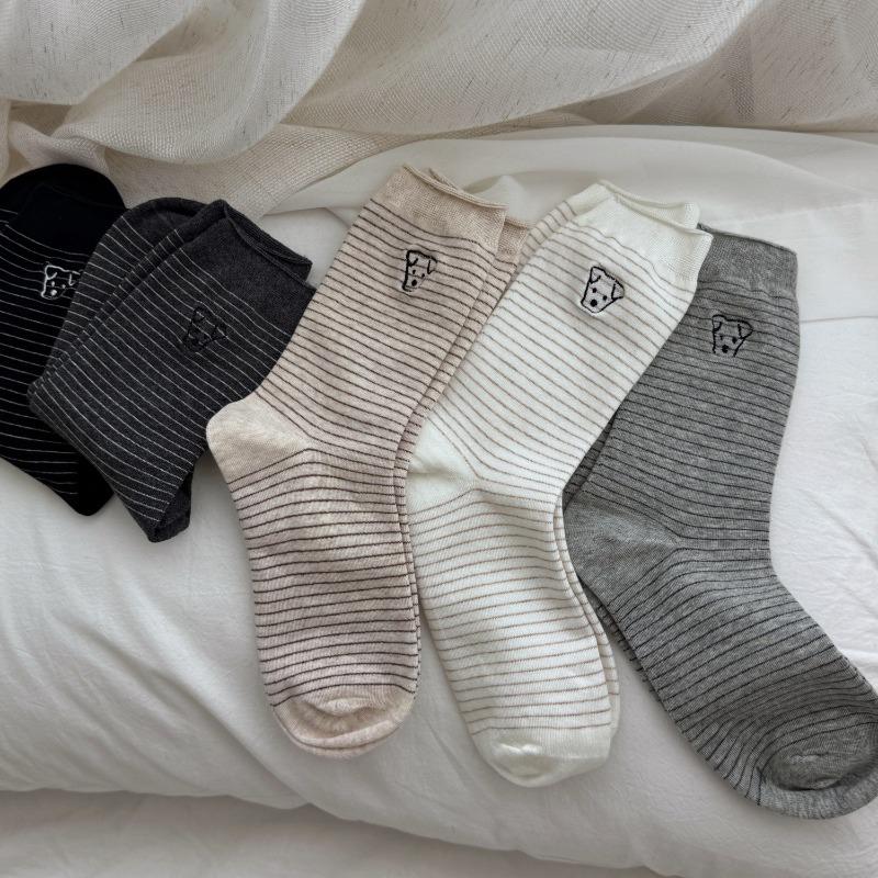 Little Dog Embroidered Striped Socks for Women, All-season School Style Versatile Mid-calf Socks
