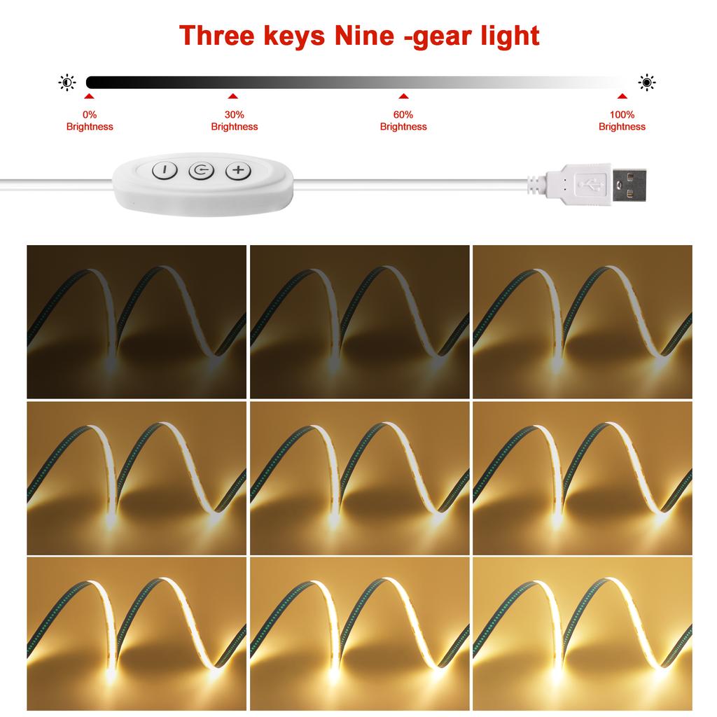 Dim Edilebilir COB LED Şerit Işık 5V USB Esnek LED Bant Açma Kapama Anahtarlı 320LED Yüksek Yoğunluklu Doğrusal Aydınlatma Yapışkan Bantlı
