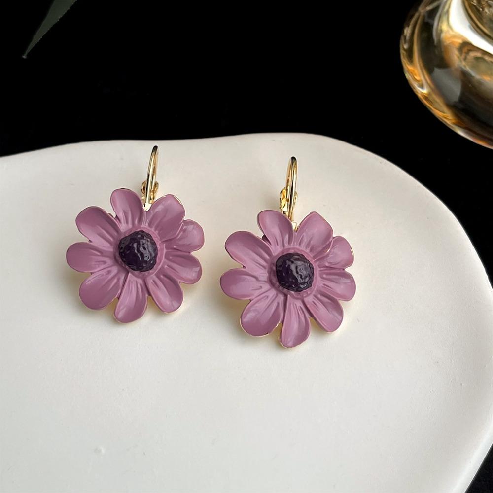 Retro oil painting flower earrings French super fairy purple oil drop earrings high-end earrings