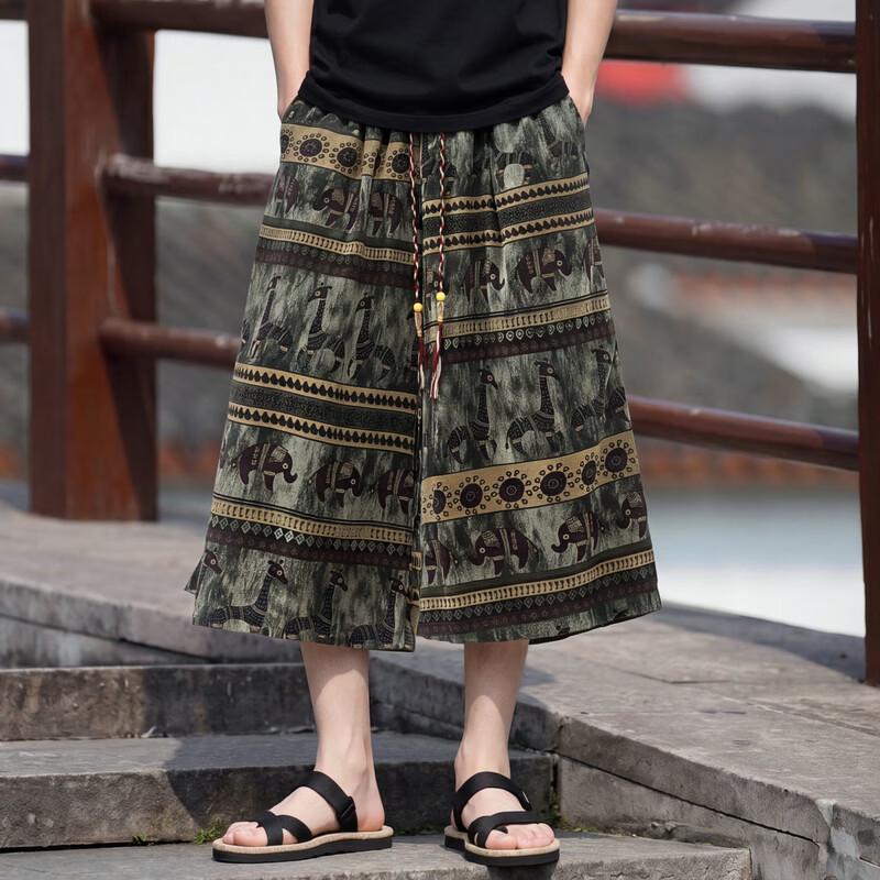 Men's Thai Elephant Print Plus Size Capri Beach Pants