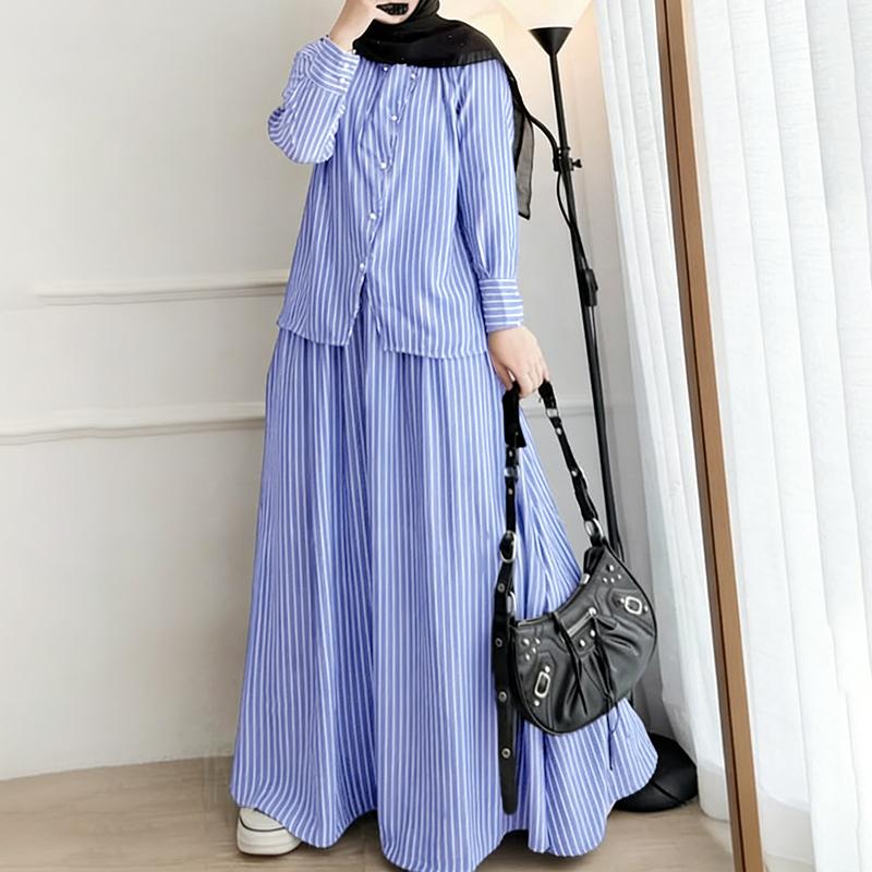 

ZANZEA Women Long Sleeve Blouse and Long Skirts Stripe Print Two Piece Suit Sets 4XL синій