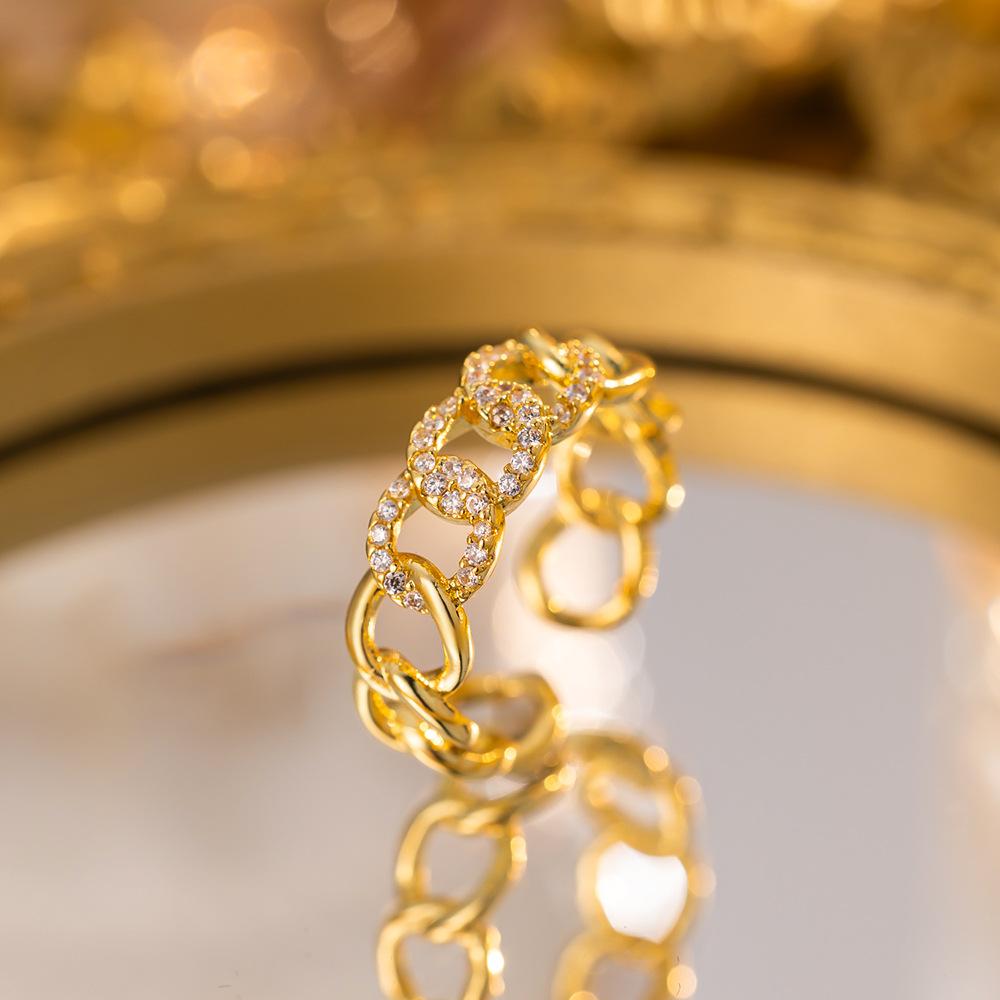 Exquisite super flash zircon ring for girls, light luxury, high-end sense opening adjustable ring, simple real gold electroplating