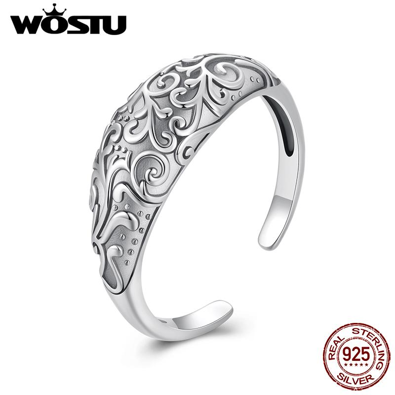 WOSTU 925 Sterling Silver Vintage Flower Pattern Wide Opening Ring For Women Mother's Day Gift Wedding Party Accessory Anillos