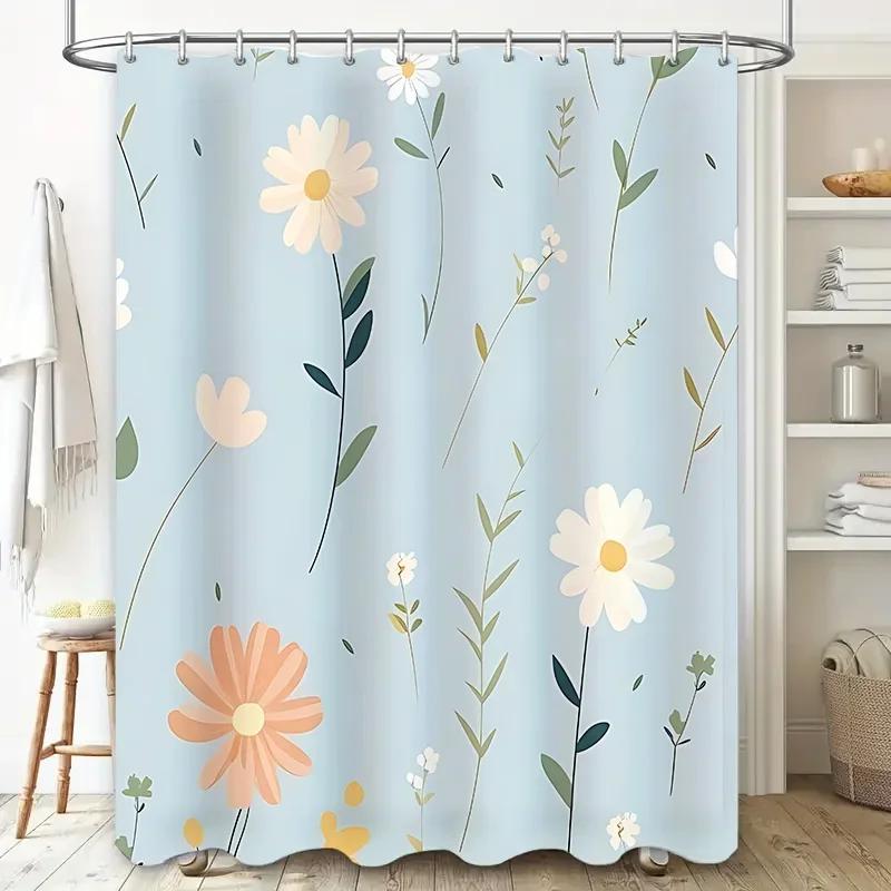 Elegant Floral Shower Curtain Waterproof & Durable Fabric Bathroom Decor Anti-Mildew with Plastic Hooks Modern Art Design