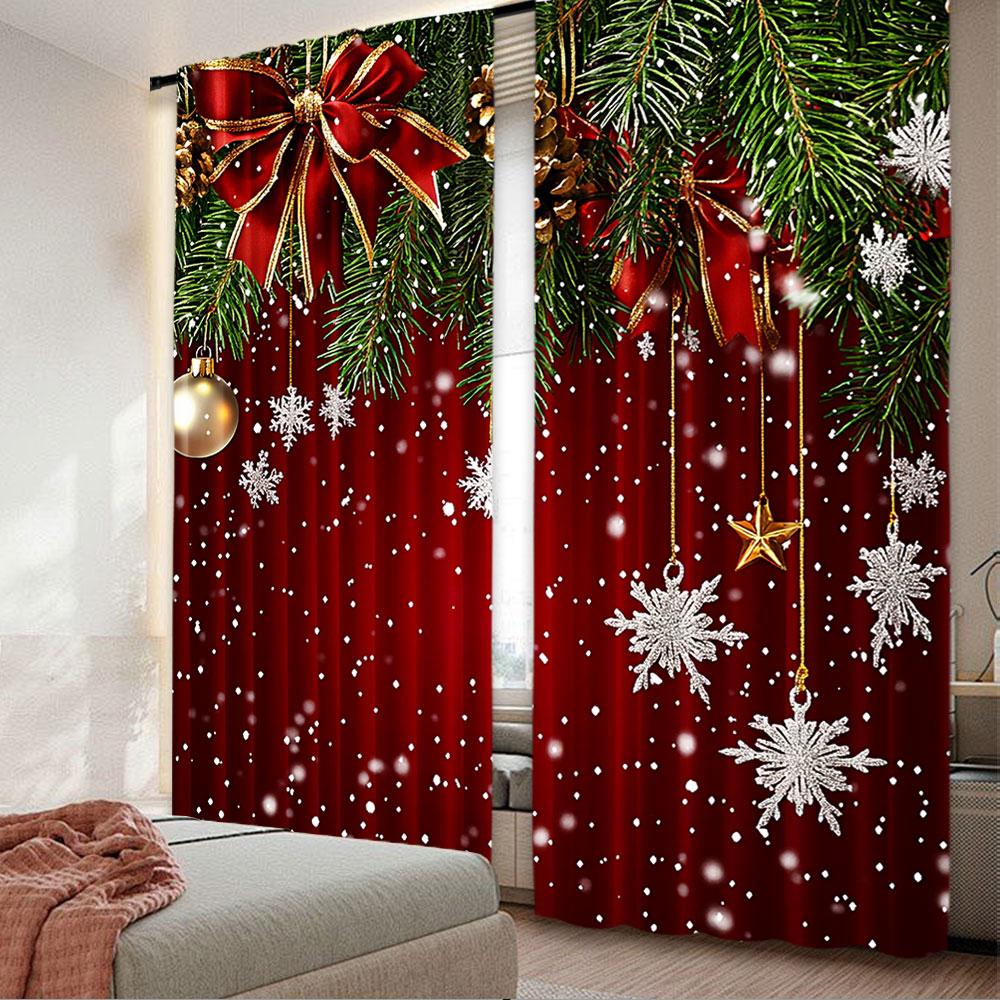 2Pcs Christmas Curtains Classical Pine Tree Snowflakes Red Green Xmas Room Suitable For Living Room Bedroom Kitchen And Bathroom