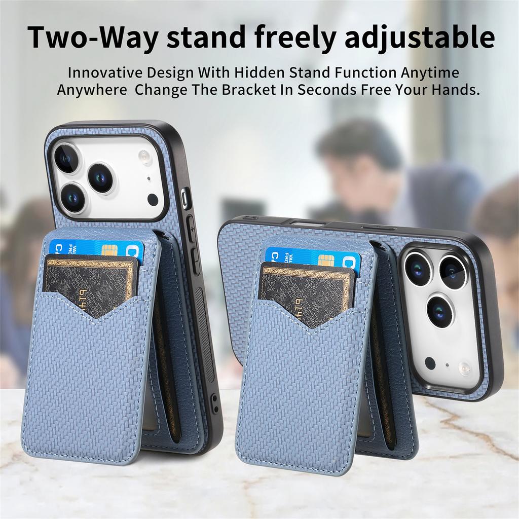 For iPhone 17 Pro Magnetic Case Carbon Fiber Texture Back Cover with Detachable Card Holder