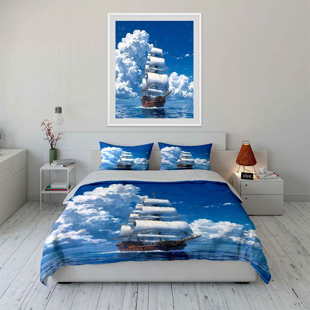 Majestic Sailing Ship at Sea Print Soft Comfortable Duvet Cover Bedding Set Included 1*Duvet Cover 2*Pillowcases Luxury Gift