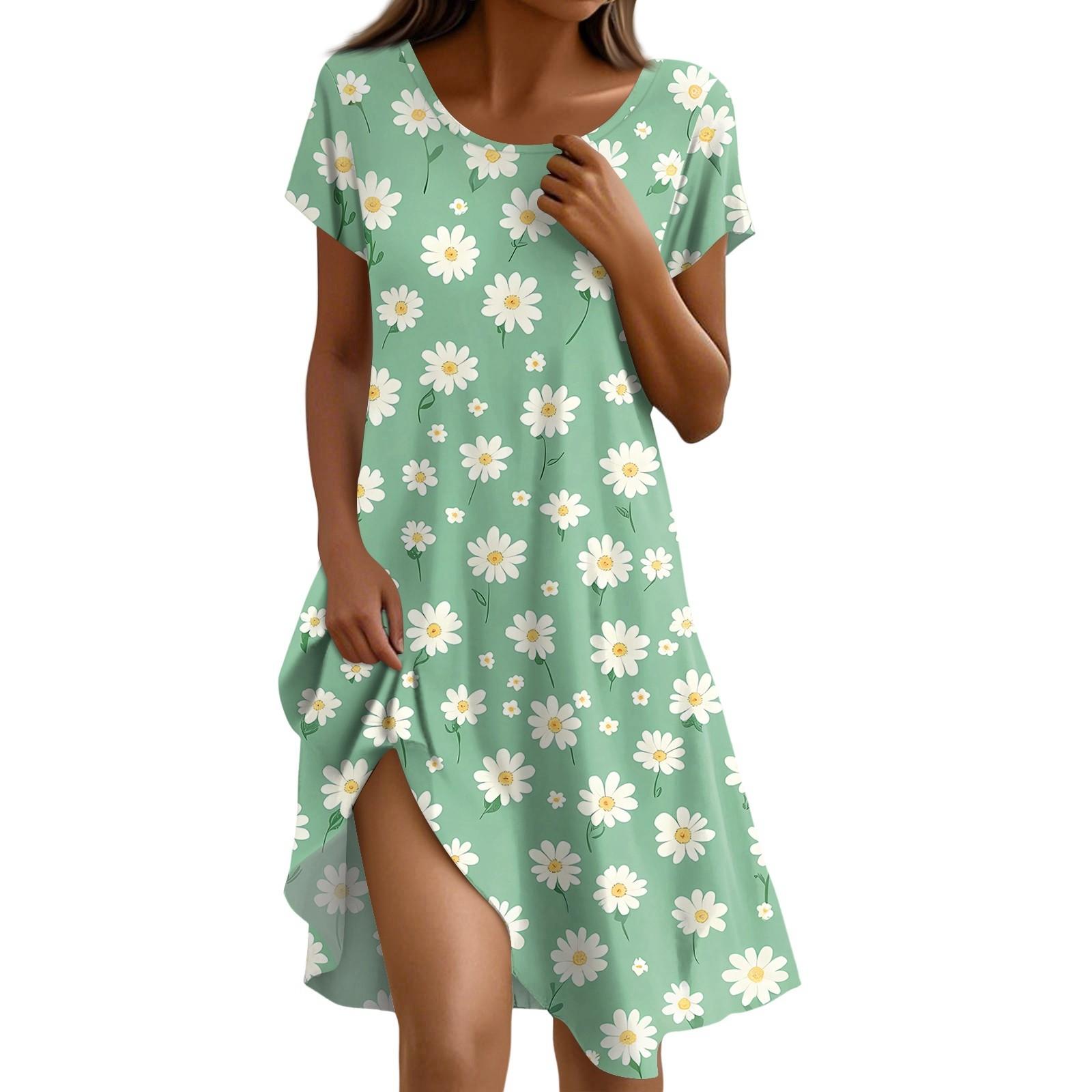 

Short Sleeve Boho Dress For Women Casual Loose Fit Sundress Print Round Neck Dress With Pockets L