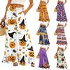 Women Wide Leg Pants High Waist Drawstring Loose Fit Halloween Print Long Casual Trousers with Pockets and Ruffle Hem