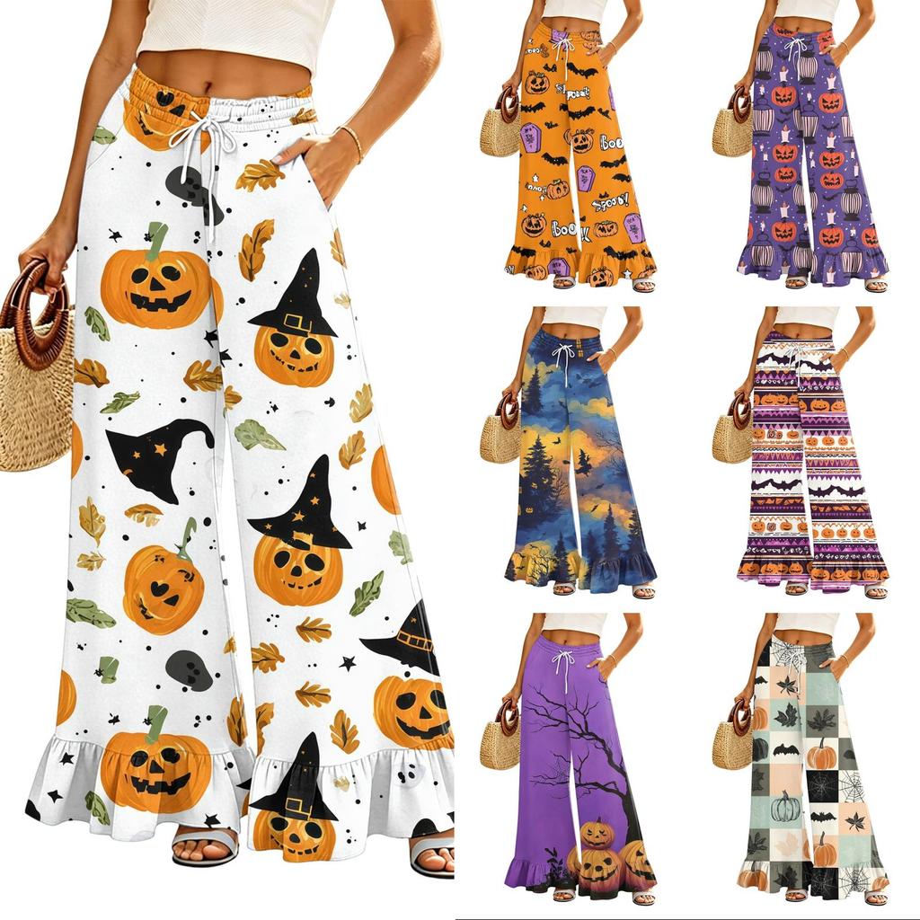 Women Wide Leg Pants High Waist Drawstring Loose Fit Halloween Print Long Casual Trousers with Pockets and Ruffle Hem