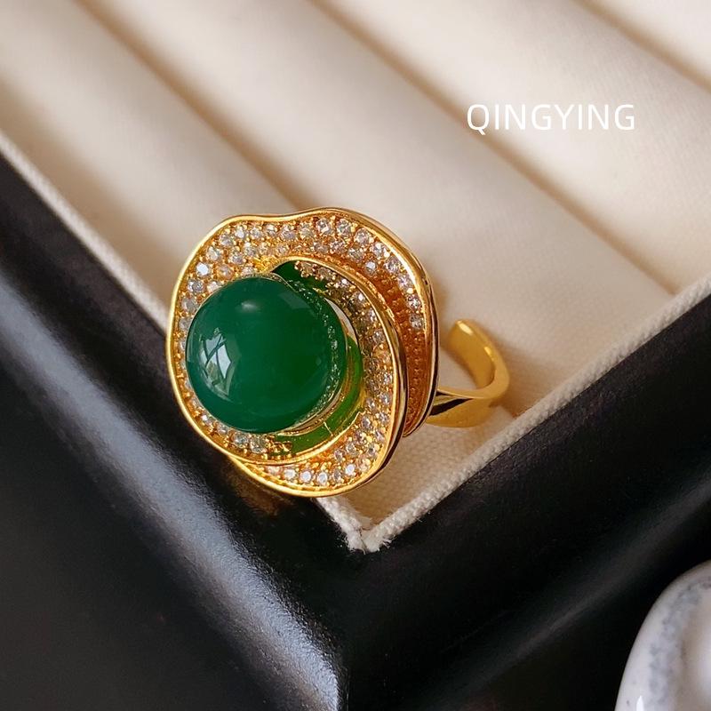 Elegant Green Agate Flower Earrings & Ring Set with Silver Needle