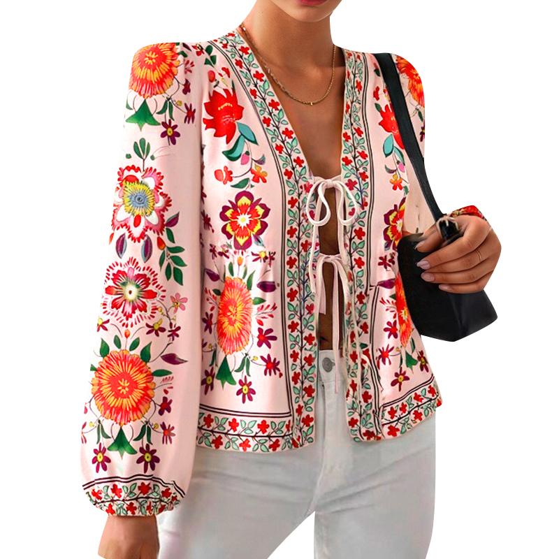 

ZANZEA Женская повседневная блузка с цветочным принтом и длинными рукавами на шнуровке 4XL розовый