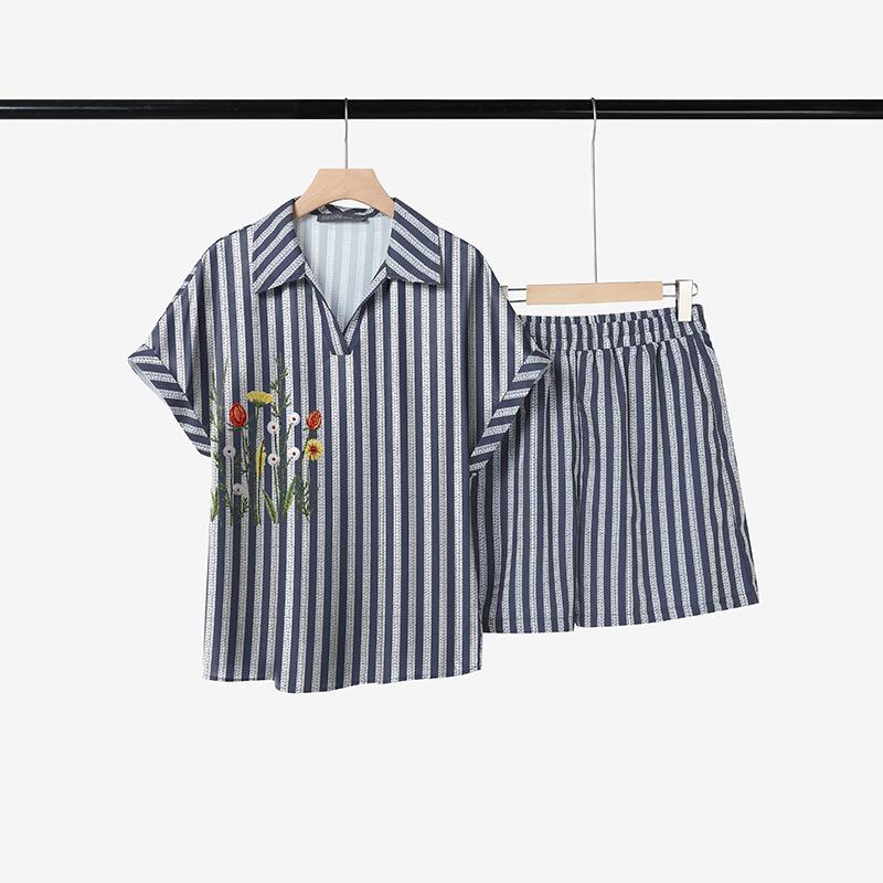 

ZANZEA Women Short Sleeve Blouse and Shorts Summer Stripe Print Two Piece Suit Sets 3XL синій