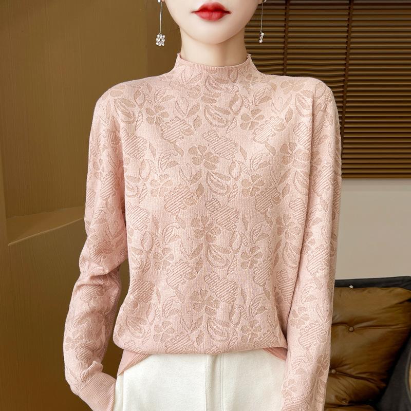 

Spring Autumn Women s Knitted Shirt with Jacquard Hem and Semi-high Collar 2XL