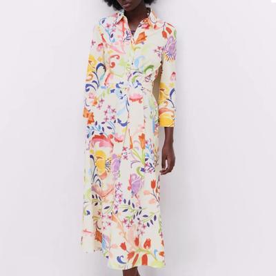 Floral Print Women Dress Turn-down Collar A-Line 45720 Sleeve Single-breasted Mid-Calf Shirt