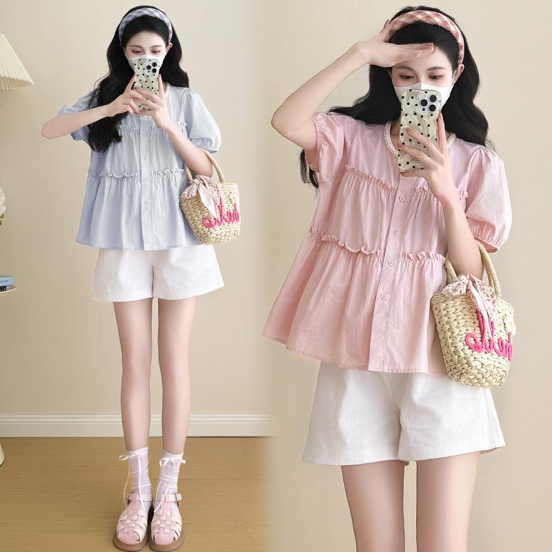 2026 Summer Pearl Collar Layered Maternity Top & White Shorts Set Medium