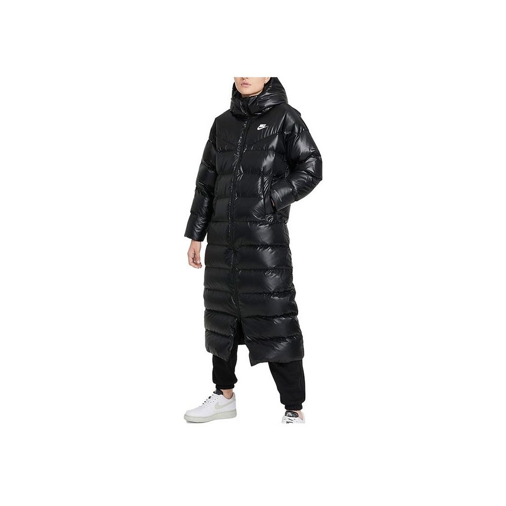 Nike Logo Print Solid Color Warm Long Hooded Down Jacket Women Outerwear Black DH4082-010