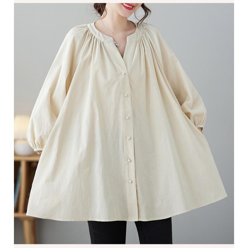 Jarní a letní dámská jednobarevná košile s výstřihem do V a lucernovými rukávy, nadměrná velikost, bavlněno-lněná košile