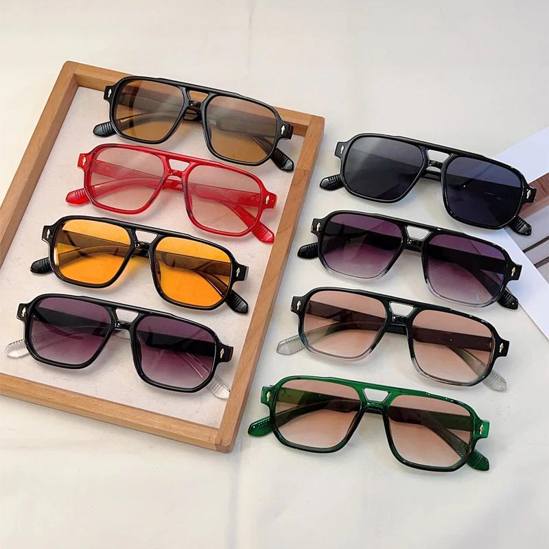 Vintage Rectagnle Sunglasses Men Fashion Double Bridge Square Candy Color Rim Shades Women Chic Korean Style Sun Glasses