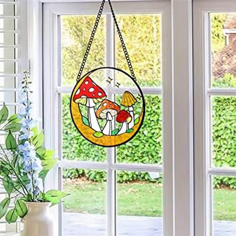 A44Z-1 PCS Mushroom Stained Window Wall Hanging Ornament 16X16cm Panel Decor For Home Gift For Nature Plant Mushroom Lovers