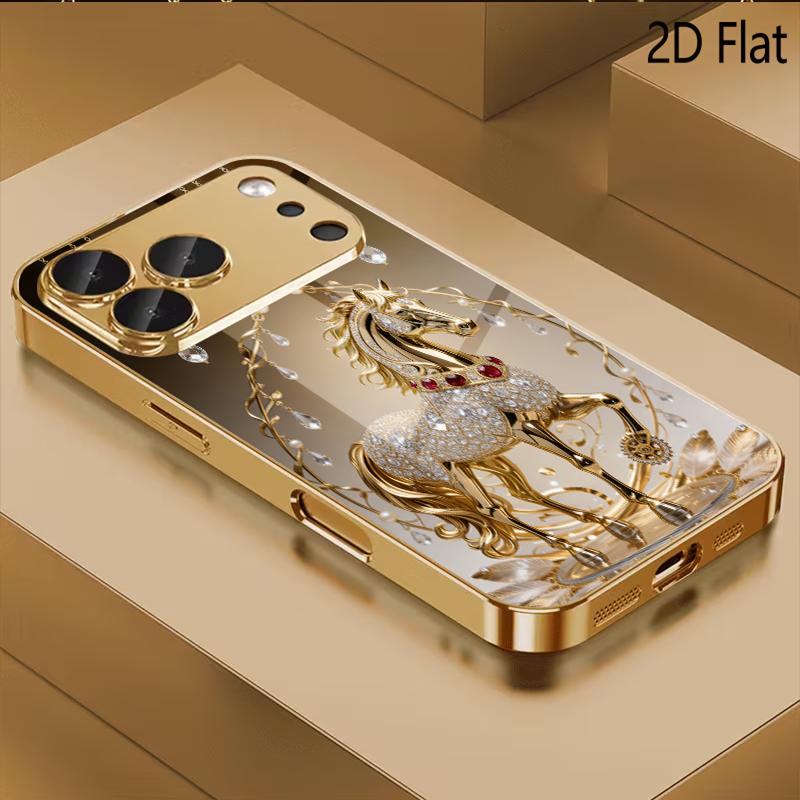 Golden Horse Patterned tempered glass design for iPhone16 17 ProMax 1514 1312 11ProMax Phone Case Camera Cover Shockproof Hard B