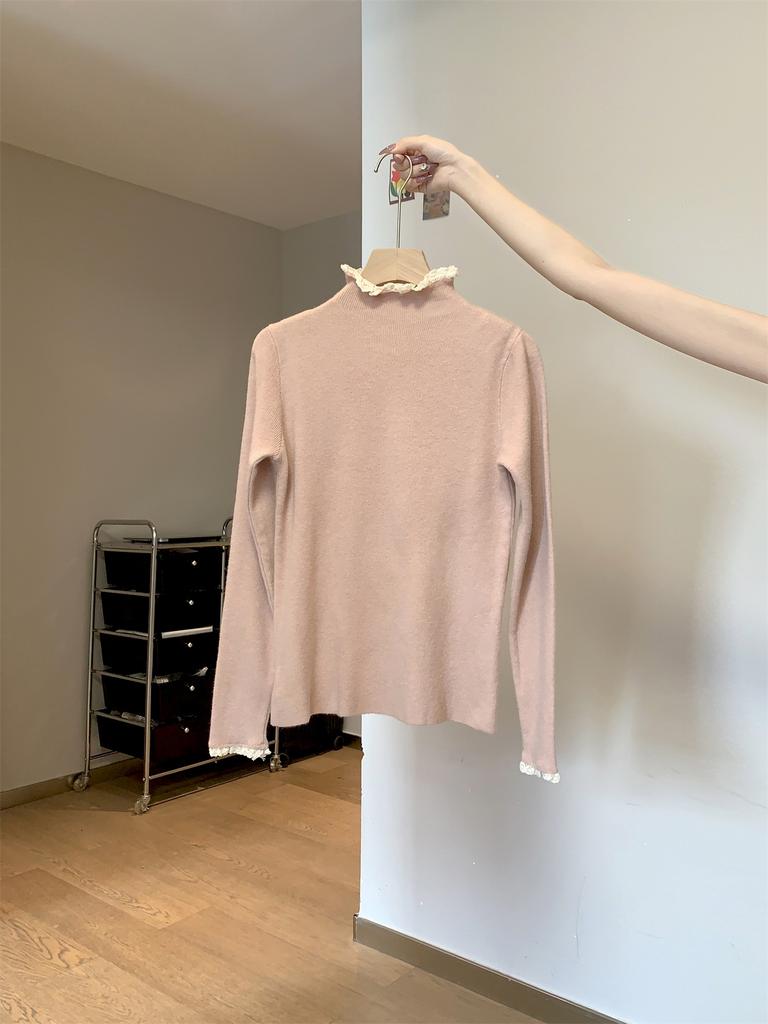 Lace semi-turtleneck knitted sweater women's autumn and winter slim-fitting and thin shoulder long-sleeved bottoming sweater basic top