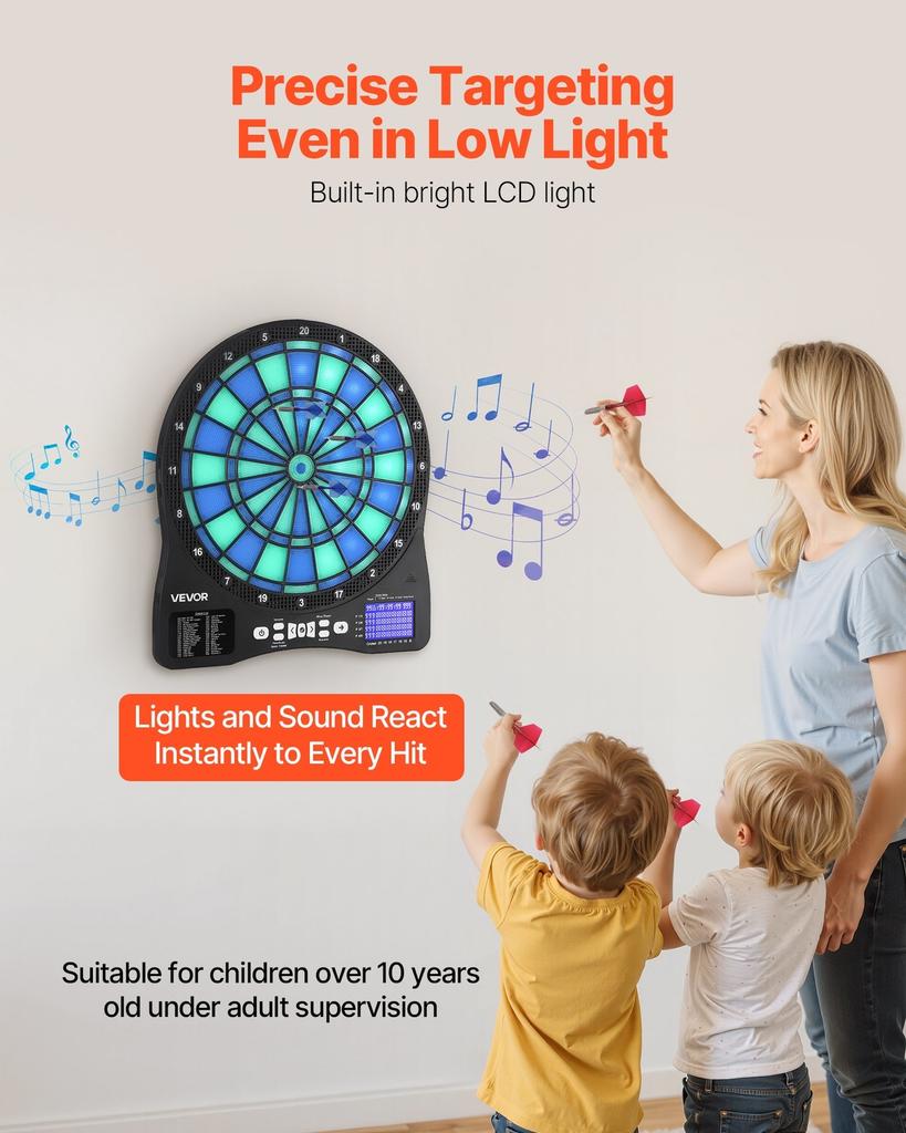 Electronic Dart Board, LED-Illuminated Target Dartboard with 48 Games & 500+ Variations, Includes 6 Dart Shafts with Flights & 50 Soft Tips, Cricket