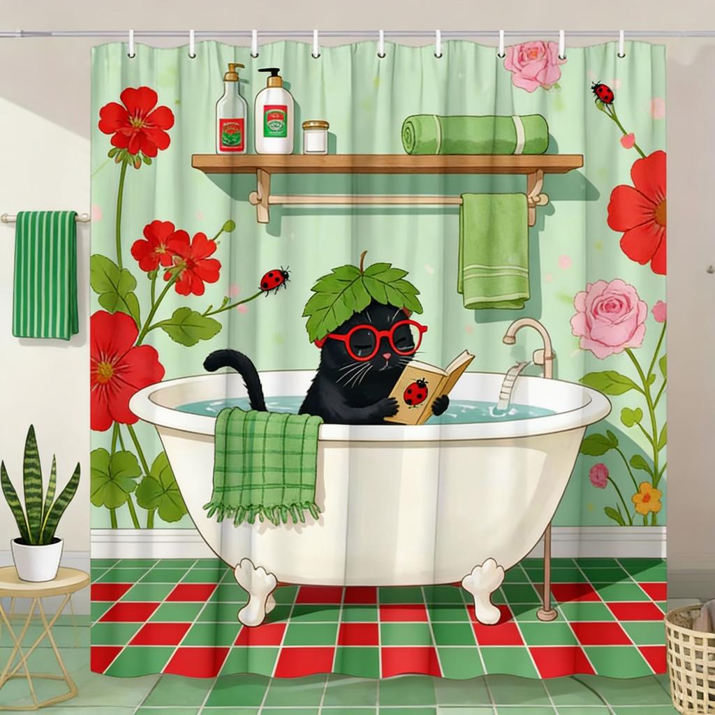 Adorable Cat Bathtub Shower Curtain Water Resistant Fabric Bathroom Ideal Whimsical Pet Lovers