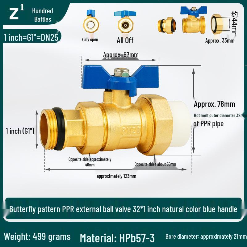 All-Copper PPR Male Thread Double Union Ball Valve for Water Pipes - Compatible with 4, 6, 20, 25, and 32 Points.