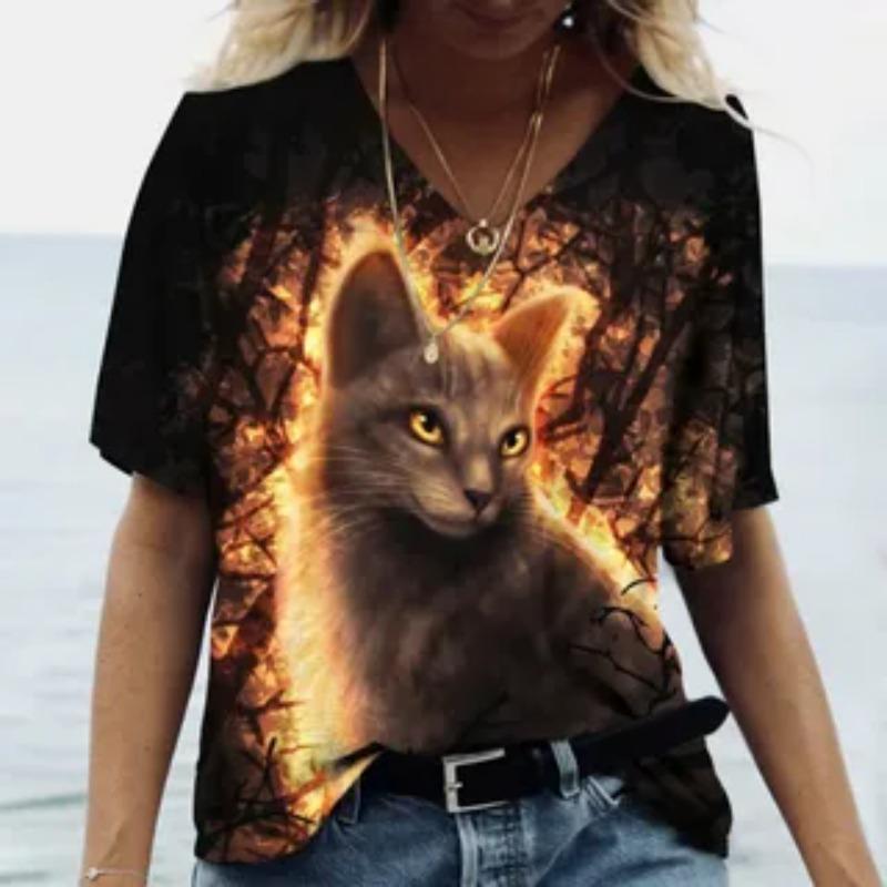 Cat Pattern Summer Loose Women's T-Shirts Casual Comfortable Loose V-Neck Short-Sleeve T-Shirt