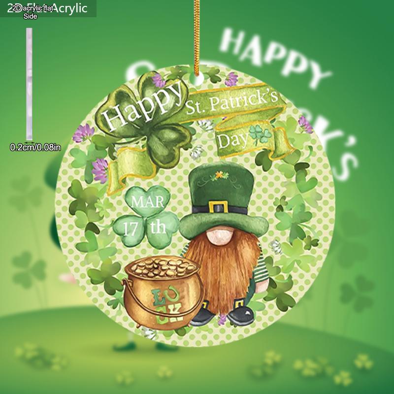 St. Patrick'S Day Acrylic Ornament, 2D Flat Printed Round Pendant, Dwarf Elf & Clover Design, Multi-Purpose Hanging Decor, with No Electricity Needed 