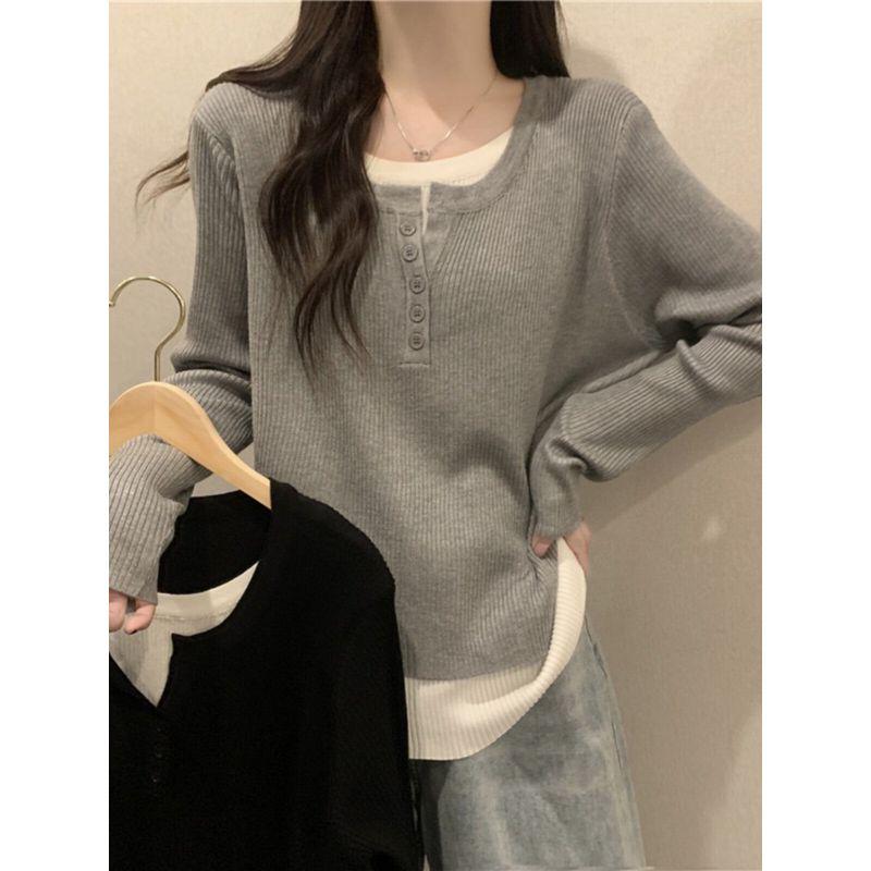 Glutinous Belly Covering Fake Two Pieces Sweaters Knitwear Women's Fall and Winter New Arrival Fat Sister Loose Slimming Long Sleeves Bottoming Shirt