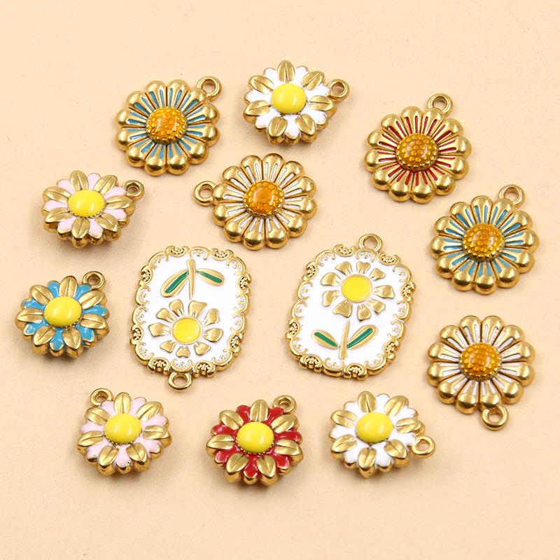 Stainless Steel Daisy Flower Drip Oil Pendants: 3 Styles, Golden Fresh Enamel Charms