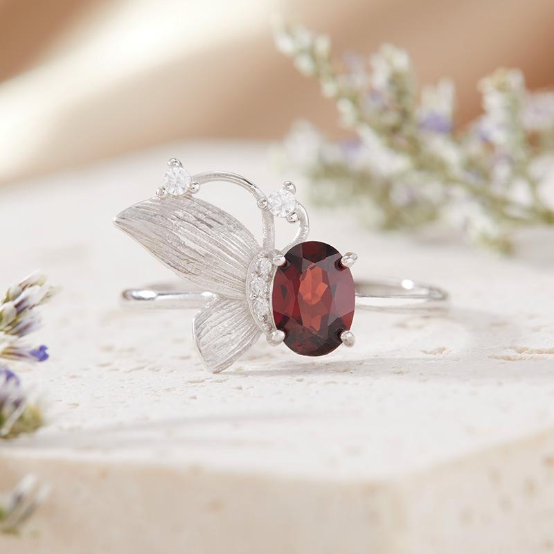 Natural Topaz Garnet Peridot Amethyst Color Treasure Ring Women'S S925 Sterling Silver Butterfly Index Finger Ring