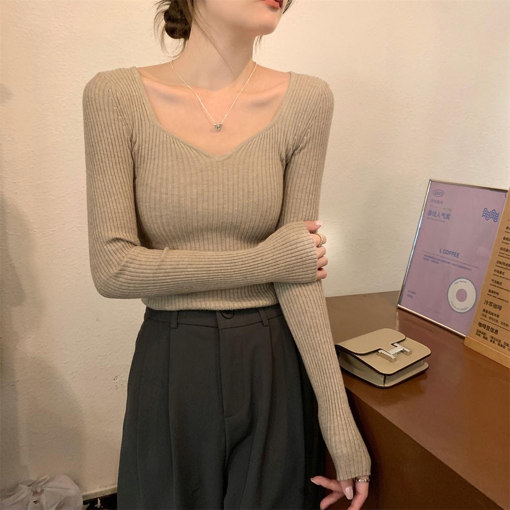 Core-spun Yarn V-neck Peach-neck Sweater Women's Spring, Autumn and Winter Solid Color Shirt Slim-fitting Long-sleeved Inner Chic