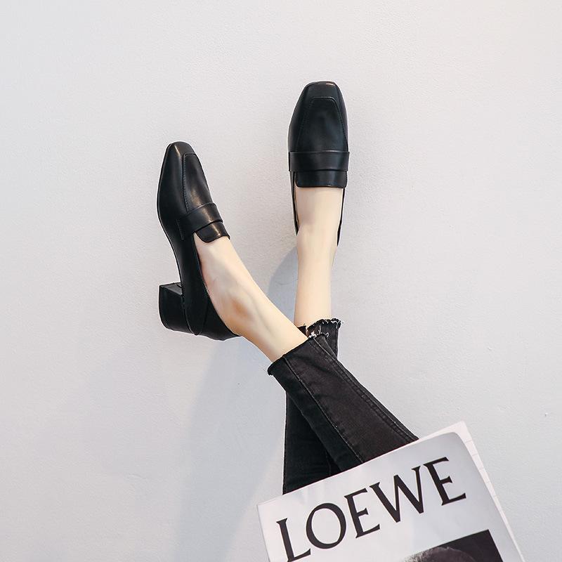 

Женская обувь весна и осень новая обувь на одинарной подошве универсальные туфли на высоком каблуке профессиональные на толстом каблуке рабочие маленькие кожаные туфли британский средний каблук 34 чёрный