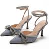 2025 European and American rhinestones bow high heels thin heels sexy summer high heels sandals bag head empty versatile