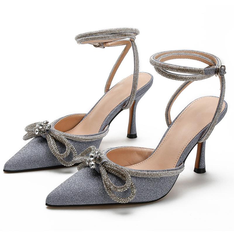 2025 European and American rhinestones bow high heels thin heels sexy summer high heels sandals bag head empty versatile