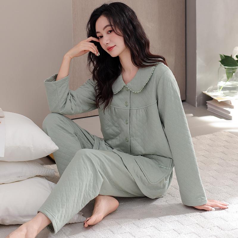 Pajamas Women'S Spring And Autumn Thickened Pure Cotton Interlayer Women'S Air Cotton Thin Cotton Padded Autumn And Winter Mother Loungewear