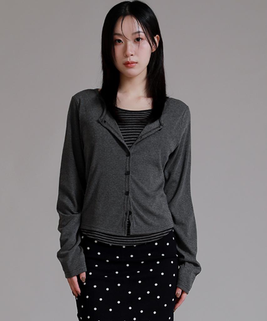 LIKE THE MOST Striped Inner Layered Cardigan T-Shirt_Charcoal