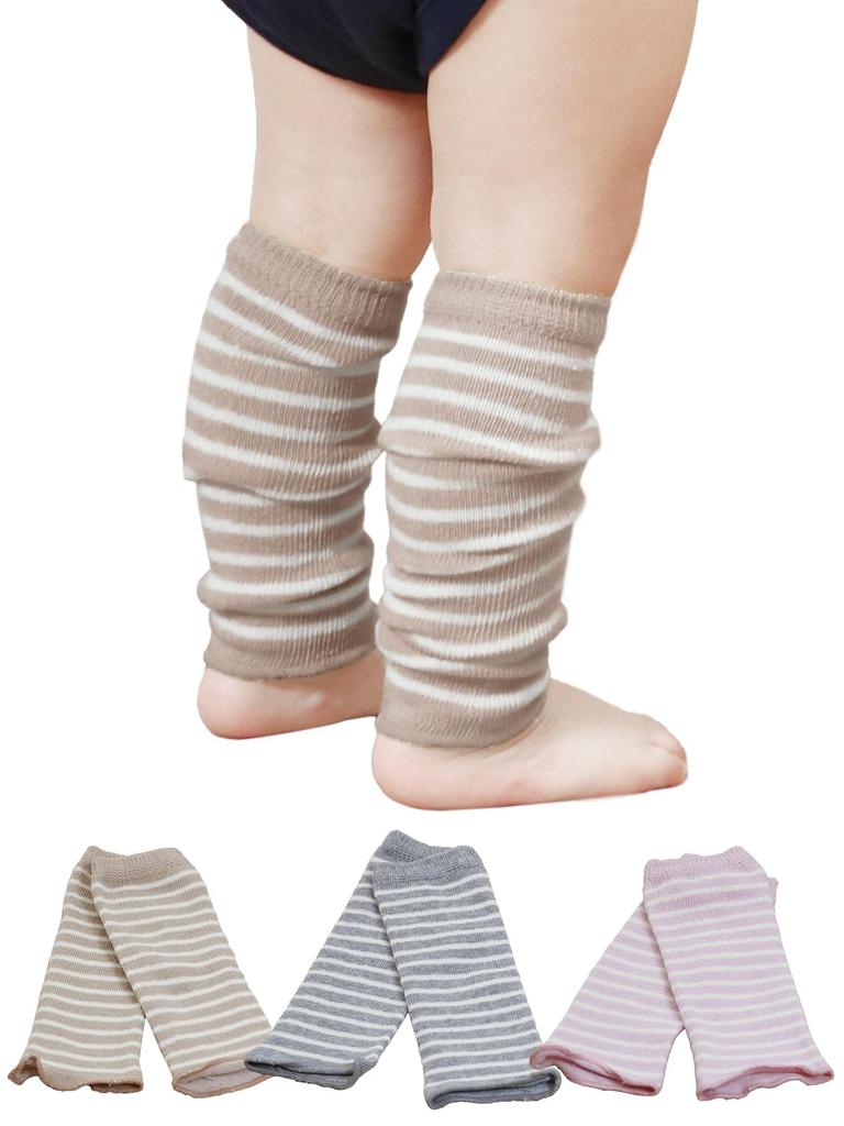 Maison Peony Baby Leg Thick Newborn Made in Japan Baby Warmers, 3-Pair Set, Striped, 100% Cotton, (3-24 Months), Gift, Present, (Brown, Charcoal,