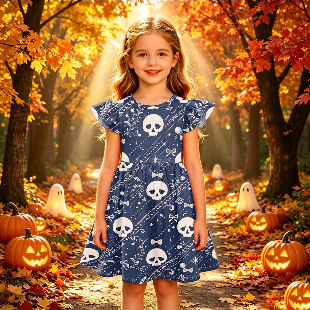 Kids Halloween Printed Dress with Sleeve Casual Party Dress for Girls