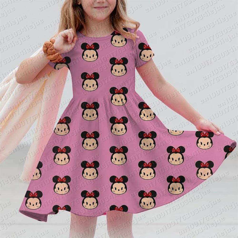Disney Mickey Mouse Minnie Print Summer Dress Kids Girl Clothes Sweet Desserts Short Sleeve Casua Fashion Birthday Girl Dress
