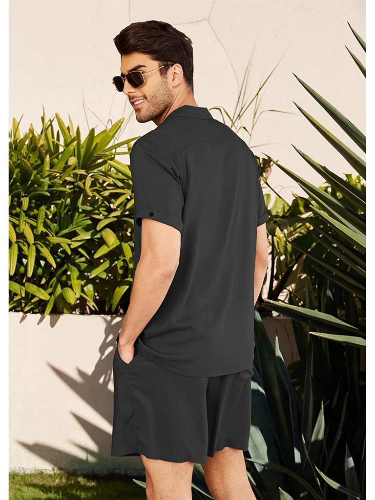 Pánská lněná košile s krátkým rukávem a šortky - Ležérní letní volný střih